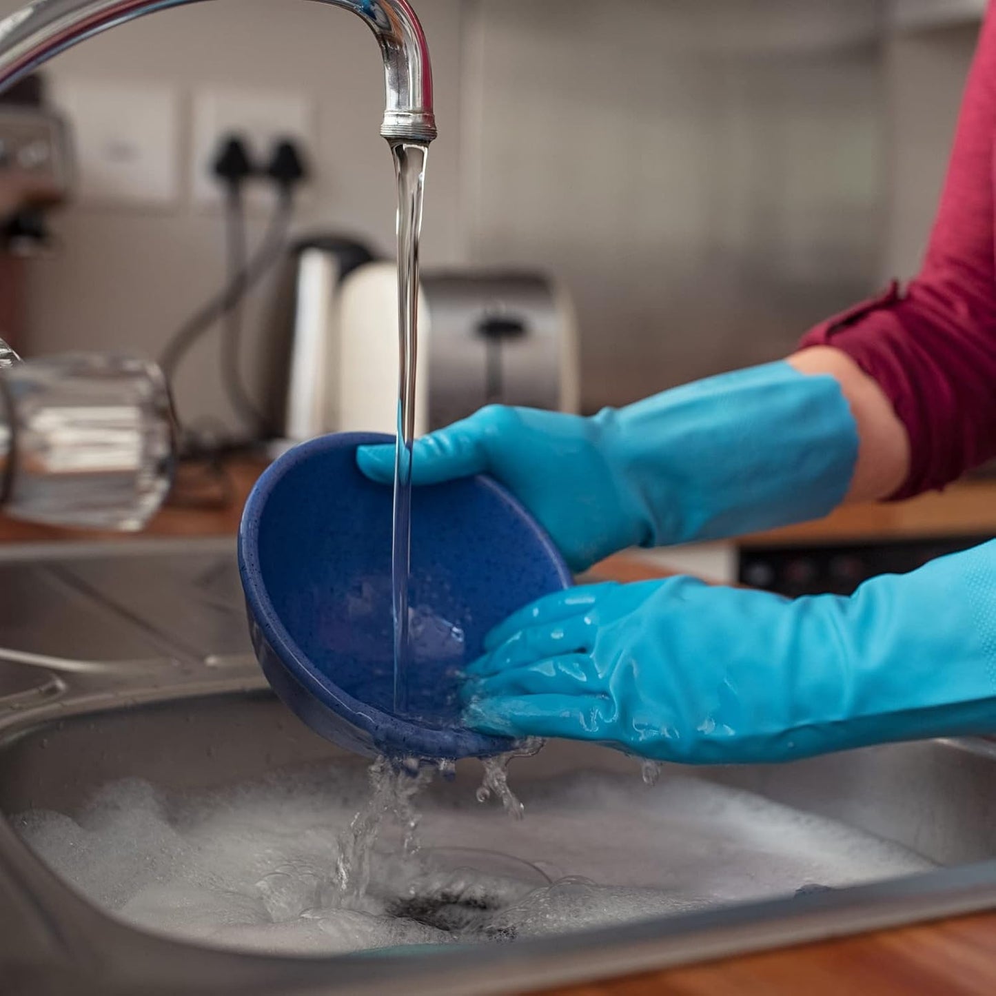 Bamllum 2 Pairs Reusable Kitchen Gloves for Washing Dishes - Nitrile Rubber Dishwashing Gloves, Reusable Household Cleaning Gloves, Flexible Durable & Non-Slip (Large, Green+Blue)