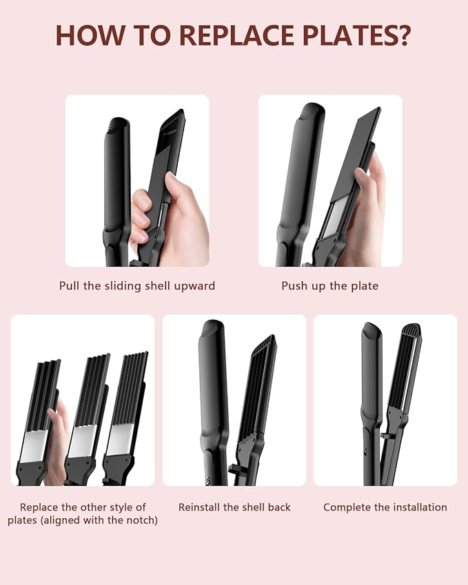 Hair Crimper Waver, Professional Hair Straightener Beach Waves Curling 4 Interchangeable Ceramic Plates, Hair Crimper Auto Temp Control Wide Plate Hairs Straightener & Styling Tool for All HairsTypes