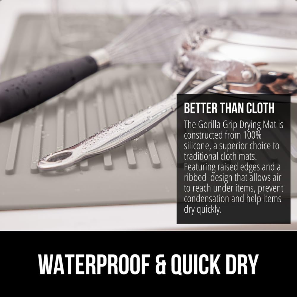 GORILLA GRIP 100% BPA-Free Patented Silicone Dish Drying Mat for Kitchen Counter, Water Catching Ribbed Design, Easy Clean Waterproof Sink Liner, Heat Resistant, Fits Under Rack, 13x11 Inch, Almond