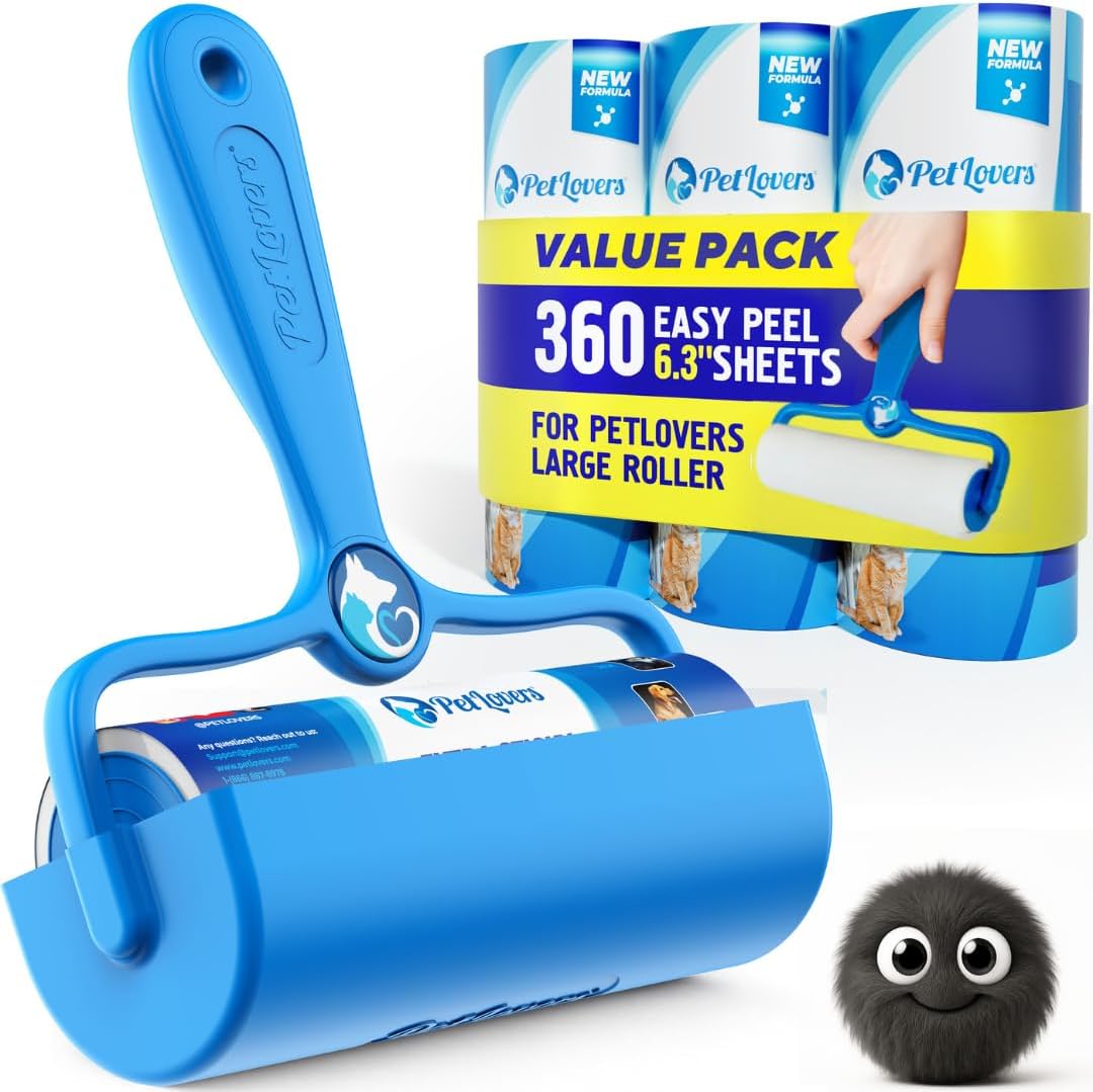 PetLovers 6.3" Large Lint Roller for Pet Hair Extra Sticky 360 Sheets, Ideal for Pet Hair Removal from Furniture & Clothes, Dog and Cat Lint Remover 4 Pack