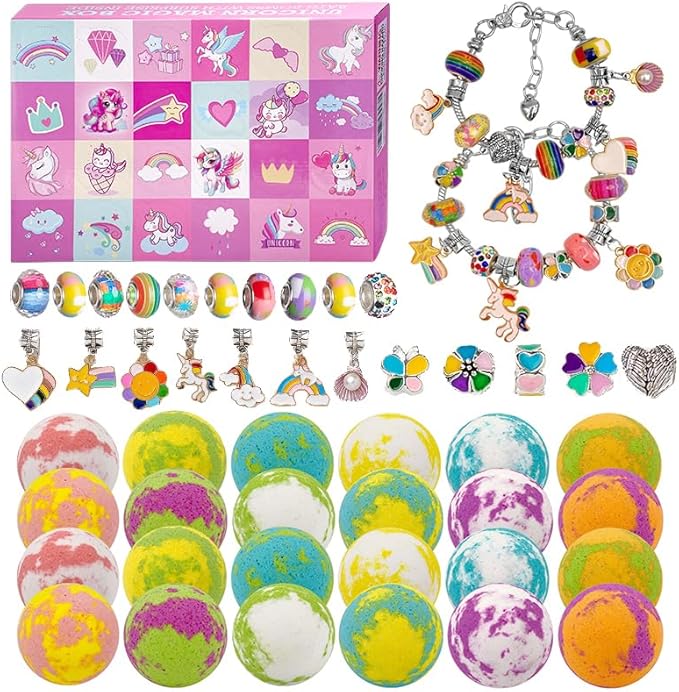 2025 New Year Themed Bath Bombs for Kids, 24 Bath Bombs with Surprise Jewelry Inside, Kids Bath Bombs with Unicorn Jewelrys for Birthday Gifts, Party Favors, New Year Gifts, Countdown to Any Events