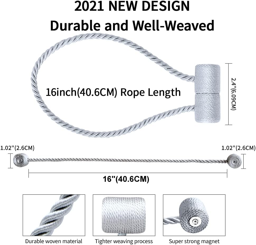 18 Inch Strong Magnetic Curtain Tiebacks, Curtain Holdbacks Modern Upgrade Strong 2021 New Twisted Style Decorative Drapery Rope Tie Backs(2 Pack Silver Grey)