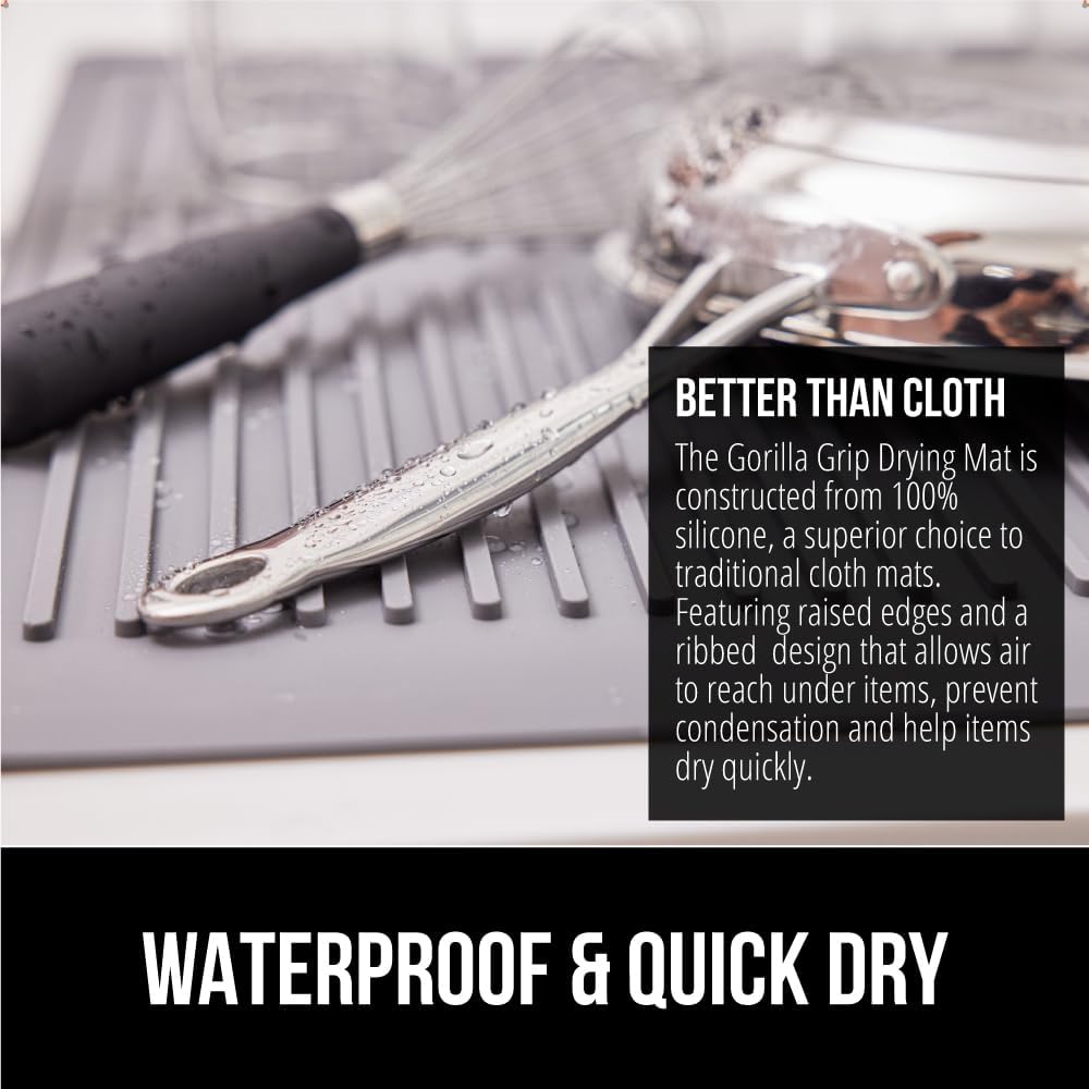 GORILLA GRIP 100% BPA-Free Patented Silicone Dish Drying Mat for Kitchen Counter, 18x24 Inch, Water Catching Ribbed Design, Easy Clean Waterproof Sink Liner, Heat Resistant, Fits Under Rack, Gray