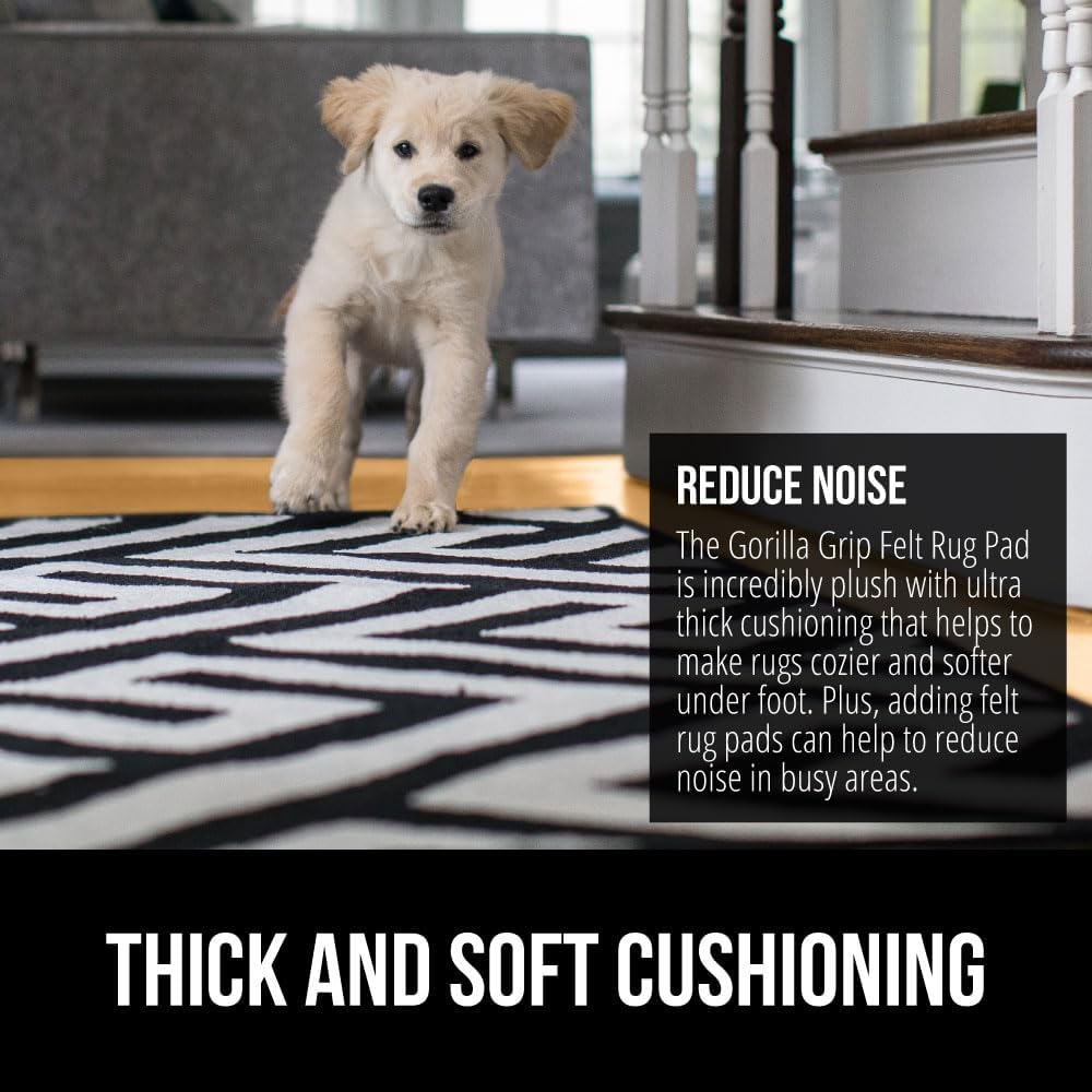 GORILLA GRIP Felt and Natural Rubber Stay in Place Slip Resistant Rug Pad, 1/4in Thick, 6x9 FT Protective Padding Under Area Rugs, Cushioned Gripper Pads, Carpet Runners, Hardwood Floors Protection