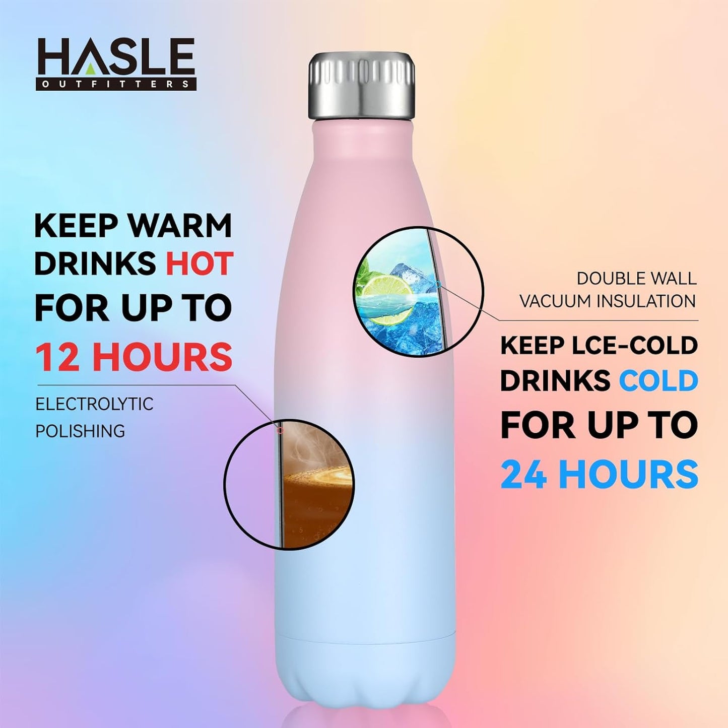 HASLE OUTFITTERS 17oz Stainless Steel Water Bottles, Vacuum Insulated Water Bottles Double Walled Powder Coated Reusable Metal Sports Water Bottles Keep Drinks Hot and Cold, Pink Blue, 1Pack
