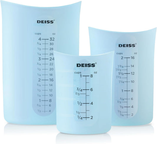 Deiss PRO 3 Piece Silicone Measuring Cup Set - Versatile & Durable, Easy-Pour Spout, Non-Stick for Easy Clean, Heat-Resistant - Squeeze & Pour Liquid Measuring Cups - Ideal for Baking, Cooking, Resin