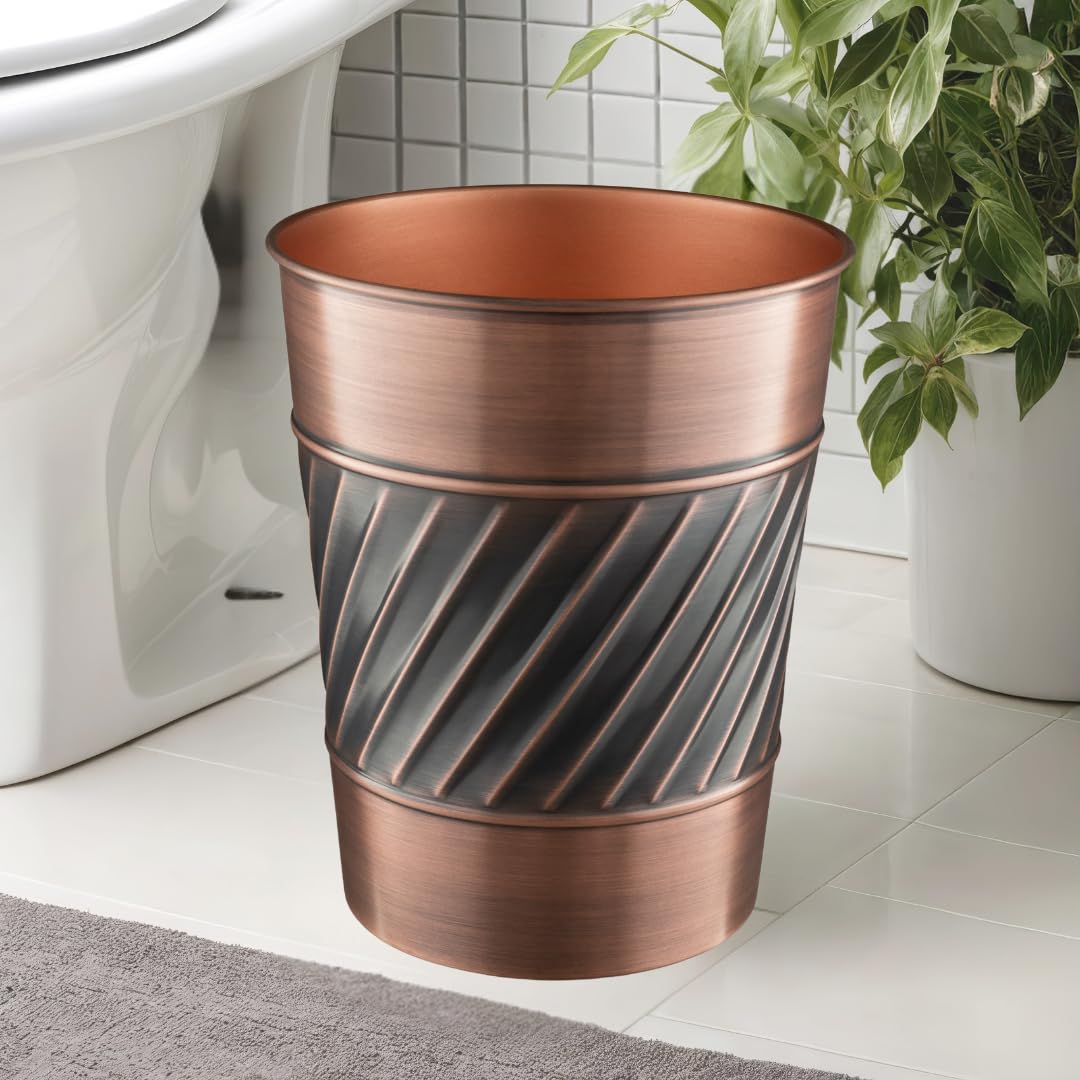 Monarch Abode Metal Wastebasket Trash Can, Handcrafted, Wave Embossed, Bathroom Decor, Antique Copper Finish