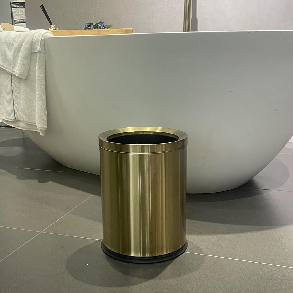 12L/3Gal Antique Brass Bathroom Trash Can,Brushed Brass Garbage can,Small Gold Wastebasket for Office,Hotel,restuarant,Bank,Bathroom,Bedroom (Gold 12)