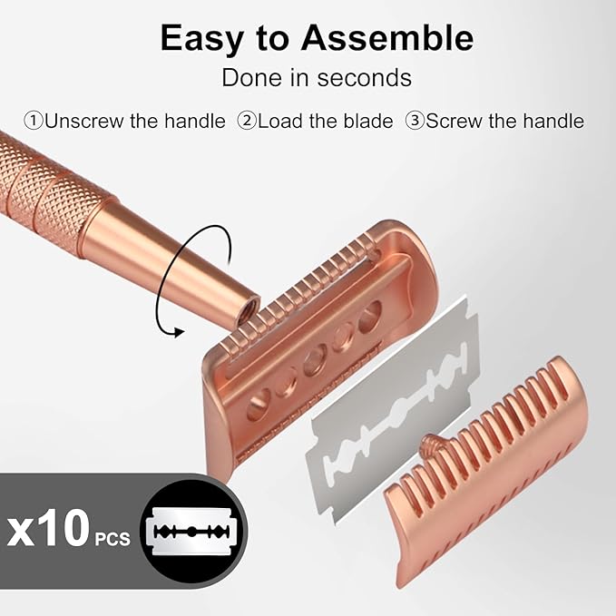 Double Edge Safety Razor with Stand, 10 Double Edge Blades, Single Blade Razors for Men and Women, Long and Heavy Duty Stainless Steel Handle, Rose Gold