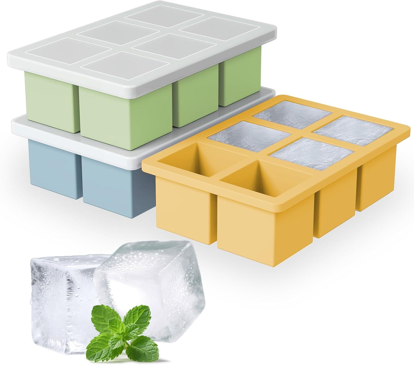Large Silicone Ice Cube Tray 3Pack, SAWNZC Big Square Ice Cube Molds for Whisky Cocktail, Ice Maker Tray with Lid for Freezer, Easy Release (3, Blue-Green-Yellow)
