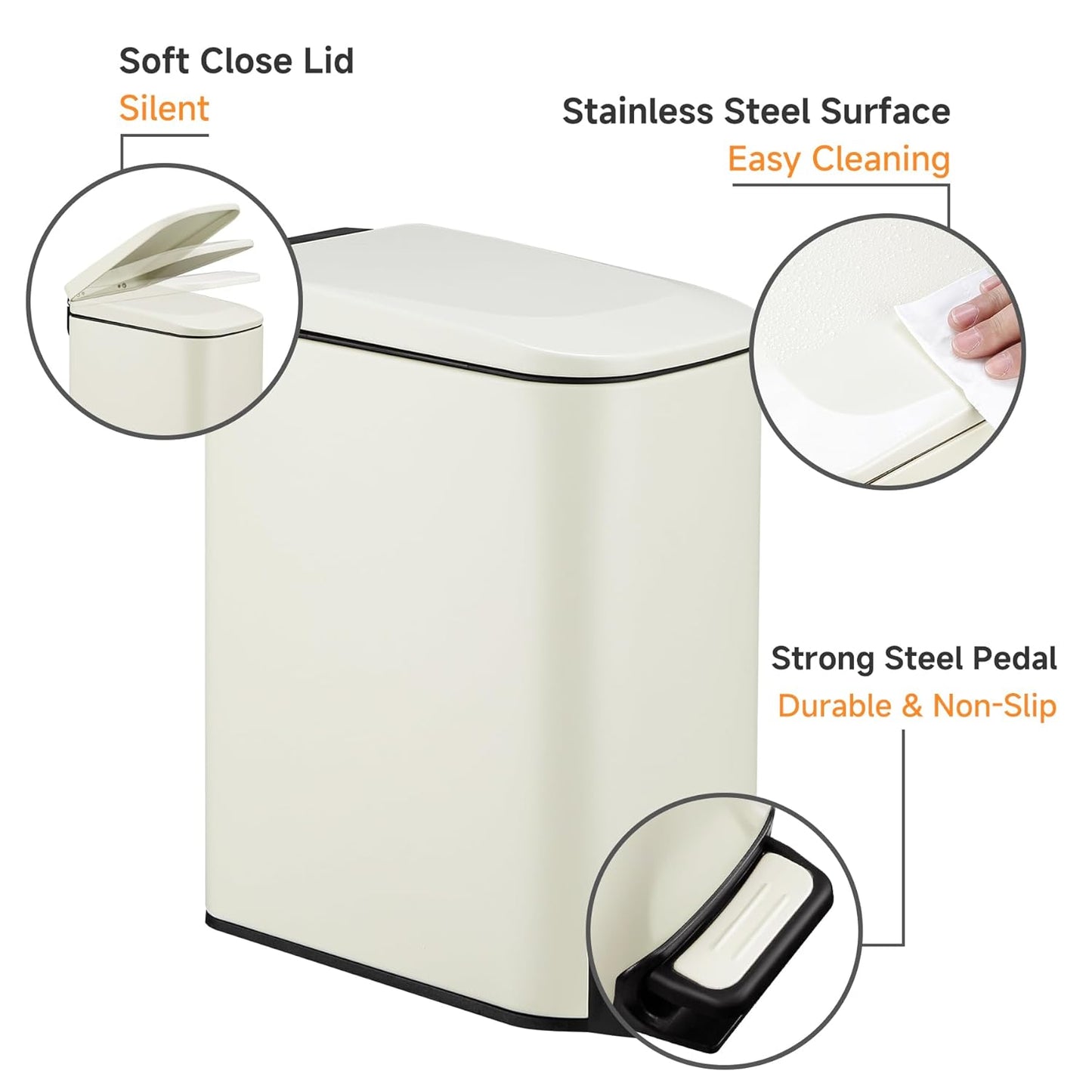 TIPGO Slim Bathroom Trash Can with Lid Soft Close, 6 Liter / 1.6 Gallon Stainless Steel Garbage with Removable Inner Bucket, Small Trash Bins for Bedroom, Office (Cream)