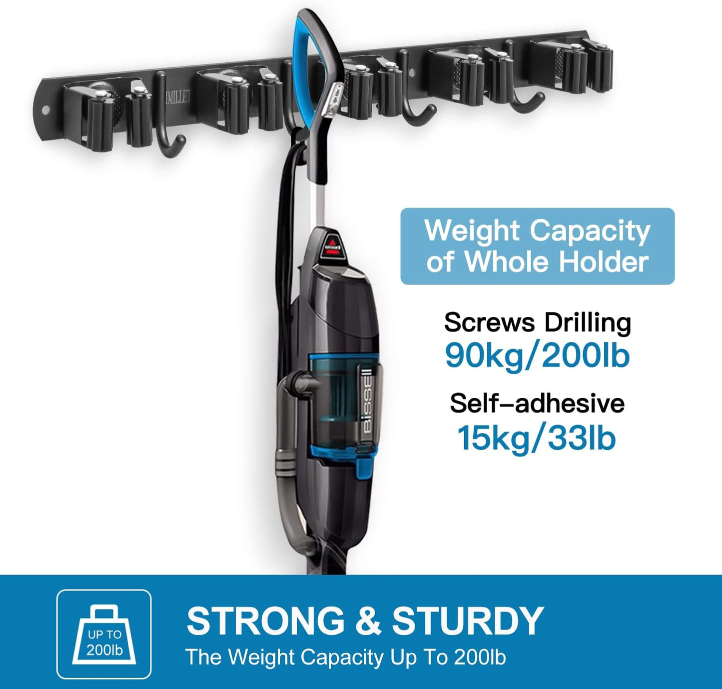 IMILLET 2 Pack Broom and Mop Holder Wall Mounted, Broom Holder Stainless Steel Broom Organizer Heavy Duty Tools Organizer Self Adhesive for Laundry Room Garage Garden（5 Racks and 4 Hooks）