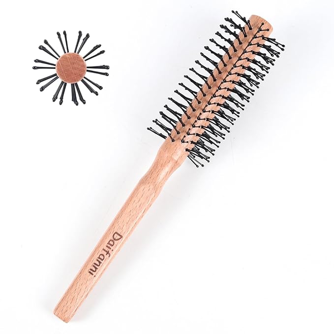 Round Curling Brush for Blow Drying, Wooden Handle Roller Brush with Soft Nylon Bristles, Curling Hair Brush for Wet Hair, Bangs, Beard, Styling