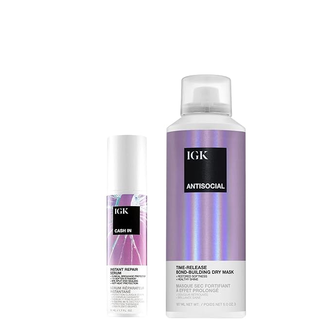 IGK Bond-Building Repair Set | ANTISOCIAL Bond-Building Dry Hair Mask + CASH IN Instant Repair Serum | Repair + Protect + Soften | Vegan + Cruelty Free