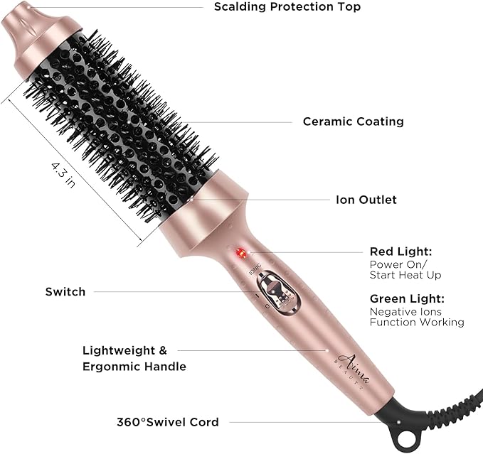 Aima Beauty Heated Round Brush, 1.3"/35mm Ionic Straightening Brush, Hair Curling Iron Brush Create Smooth & Shiny Loose Curls, Fast Heating Thermal Brush, Dual Voltage, 60Mins Auto Shut Off, Gold