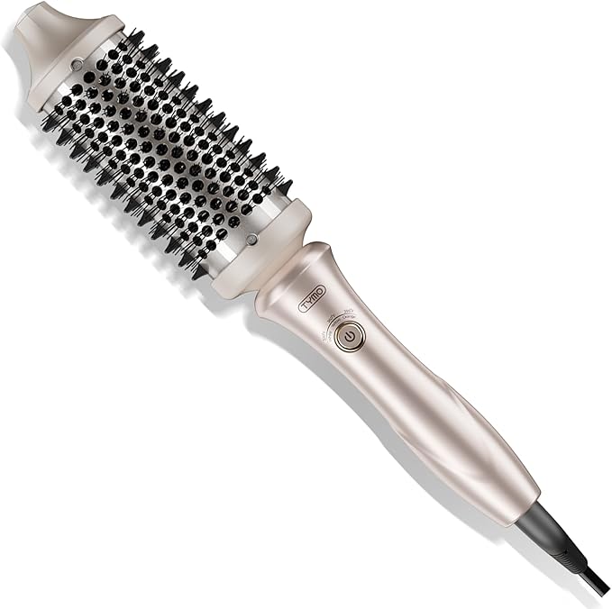 TYMOFashionTech TYMO 2.0 Thermal Brush Curling Brush - STYLUX 1.7" Blowout Volumizer with Flexi-Fit for Hair Straightening, Heated Round Styler Tool, Hair Straightener and Curler 2 in 1, Dual Voltage & Light, Gold
