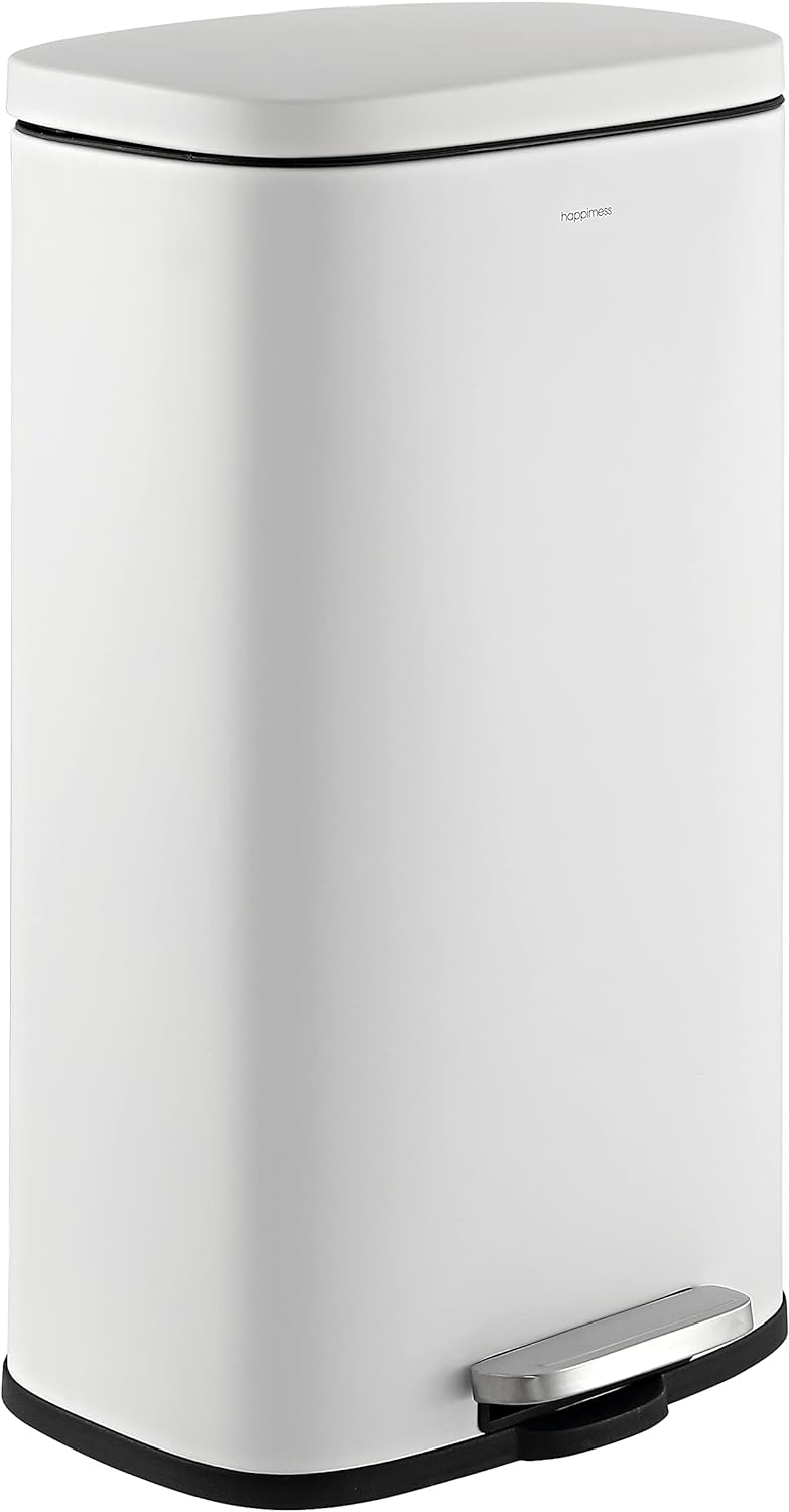 happimess HPM1011C Curtis 8-Gallon Step-Open Trash Can with Soft-Close Lid, Modern, Minimalistic, Fingerprint Proof for Home, Kitchen, Laundry Room, Office, Bedroom, Bathroom, White