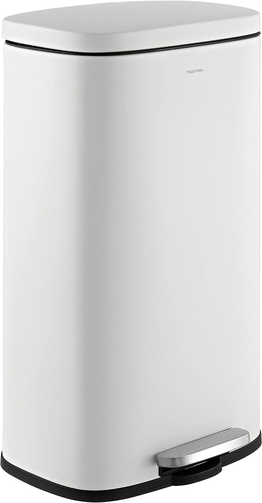 happimess HPM1011C Curtis 8-Gallon Step-Open Trash Can with Soft-Close Lid, Modern, Minimalistic, Fingerprint Proof for Home, Kitchen, Laundry Room, Office, Bedroom, Bathroom, White
