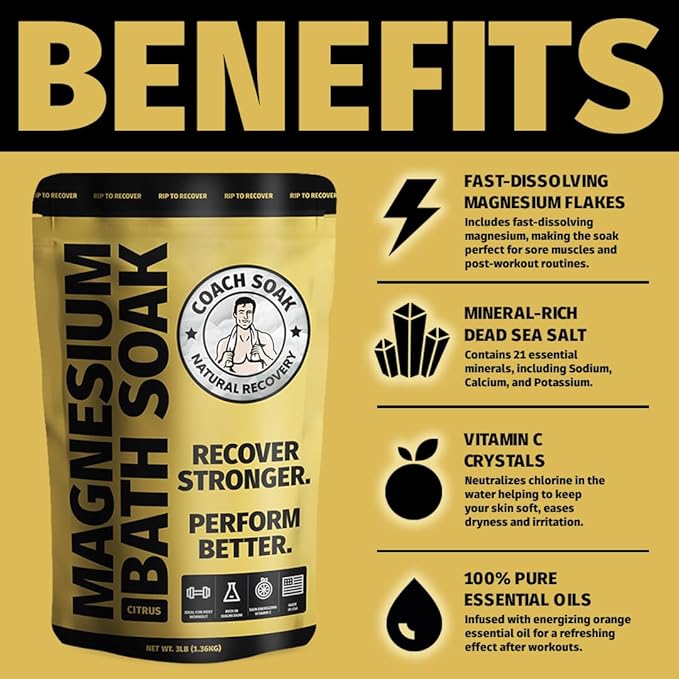 Coach Soak Recovery Bath Soak - Alternative to Epsom Salt Bath Soak - Fast-Absorbing Pure Magnesium Flakes with 21 Minerals, Bath Salts & Essential Oils - 9 lb (Pack of 3)