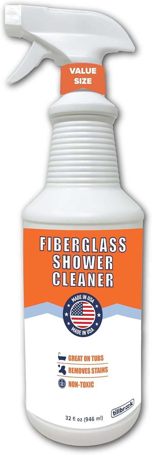 Fiberglass Shower Cleaner - 32 oz Fiberglass Cleaner for Bathtubs, Showers, Tile, Faucets & Bathrooms - Helps Remove Stains from Rust, Soap Scum & Hard Water - Streak-free, Non-Toxic Spray