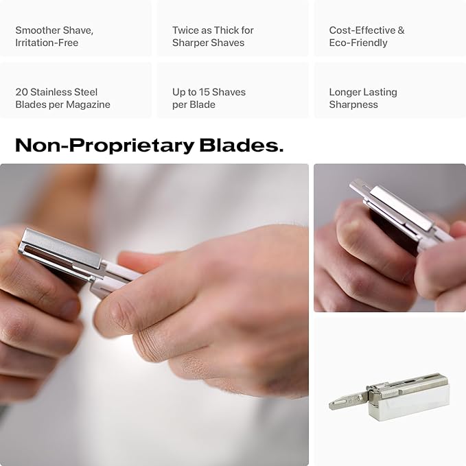 HYPE X1 Safety Razor Custom Pro Set - Magnetic Comfort (C), Sensitive (S) & Ultra-Close (UC) Shave Settings, 20 Non-Proprietary Blades - Single Blade Gentle Shaving Razors For Men and Women - Silver