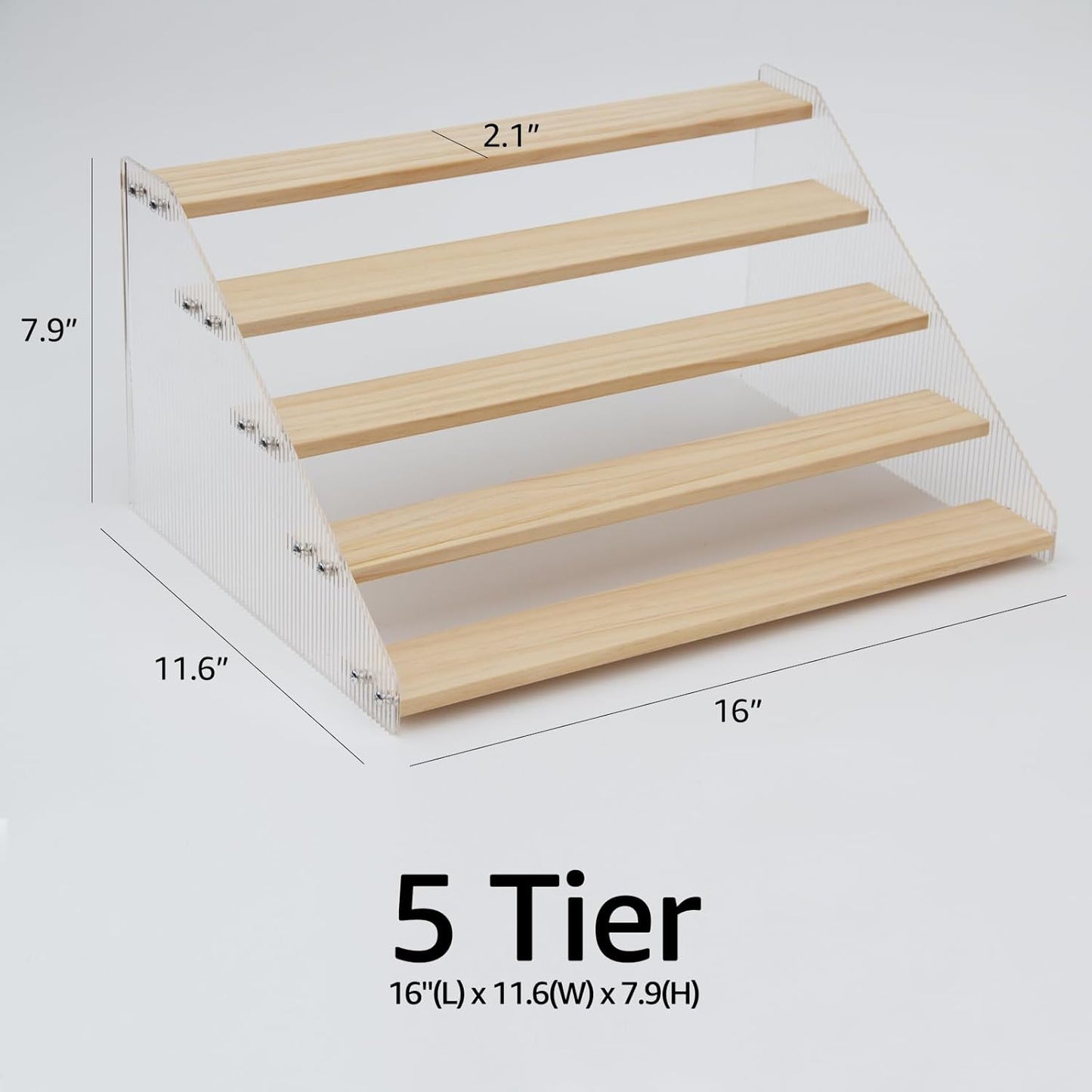 nianfeng Tiered Spice Rack, 5-Tier Spice Pantry Kitchen Cabinet Organizer, 16-Inch, Natural Wood Acrylic Stair Riser Stand, Countertop Seasoning Shelf