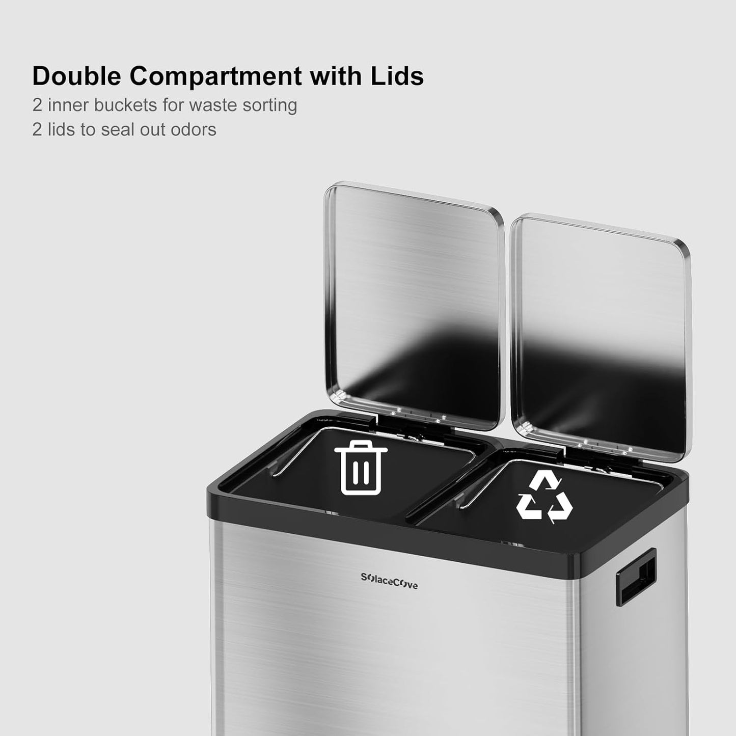 Kitchen Trash Can, 2 x 5.3 Gallon Garbage Can for Kitchen, Dual Compartment Recycling Trash Can, Trash and Recycle Bin Combo, Stainless Steel, Soft-Close Lid, Fingerprint Proof