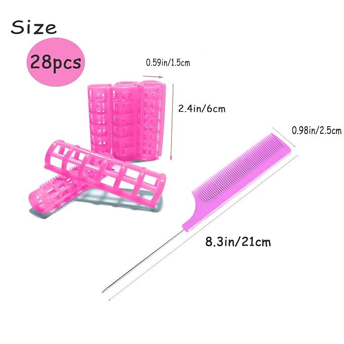 28PCS Plastic Hair Rollers Set 1.5cm/0.6in Heatless Hair Rollers Hair Curlers Snap on Rollers Self Grip Rollers Hairdressing Curlers Tools for DIY Hairdressing Hair Salon(pink)