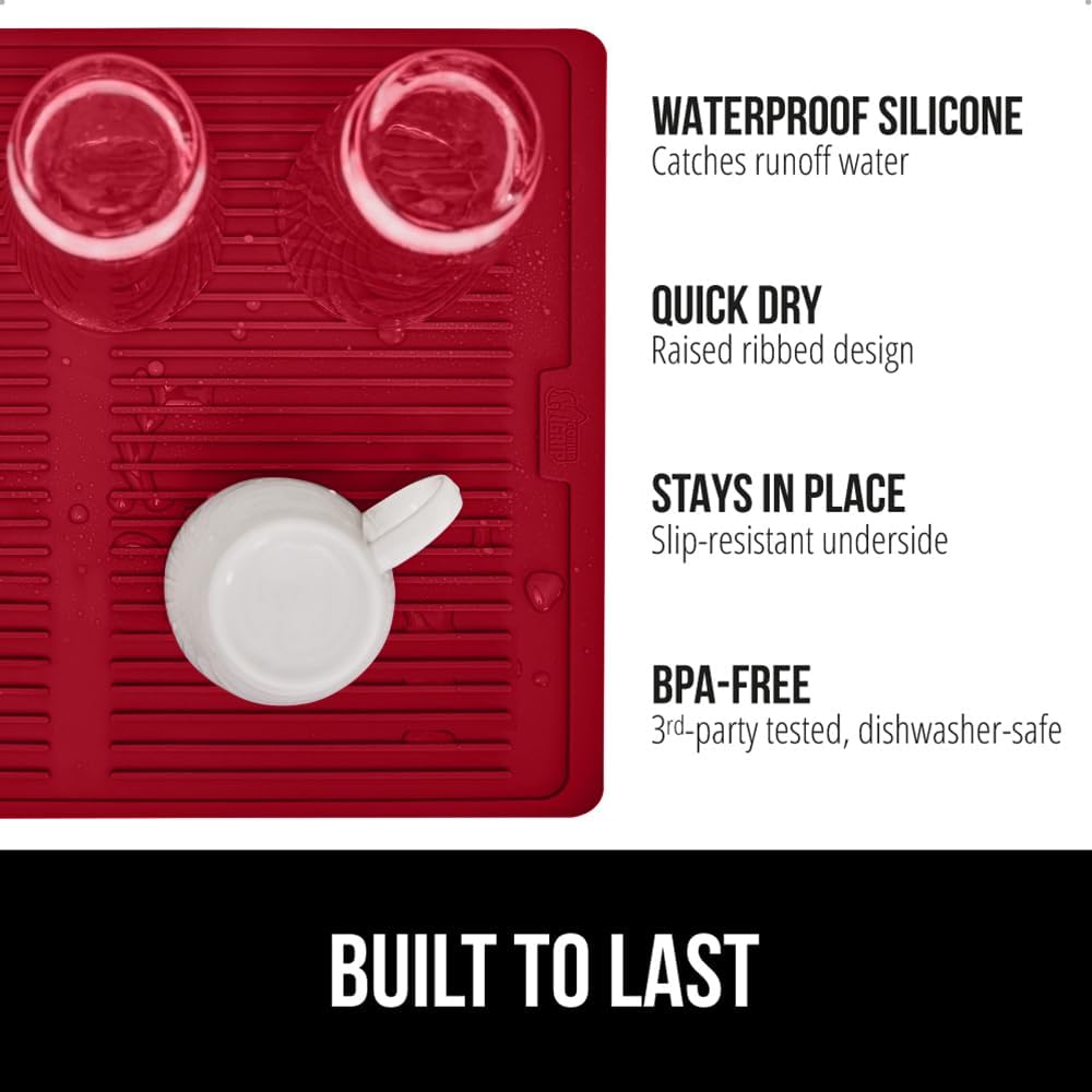 GORILLA GRIP 100% BPA-Free Patented Silicone Dish Drying Mat for Kitchen Counter, Water Catching Ribbed Design, Easy Clean Waterproof Sink Liner, Heat Resistant, Fits Under Rack, 13x11 Inch, Red