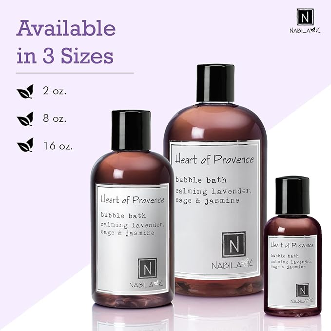 Heart of Provence Travel Size Bubble Bath with Lavender, Sage & Jasmine Scent by Nabila K - Essential Oils, Natural Ingredients for Sensitive Skin, Gentle, Moisturizing - Luxury for Women & Men, 2 oz