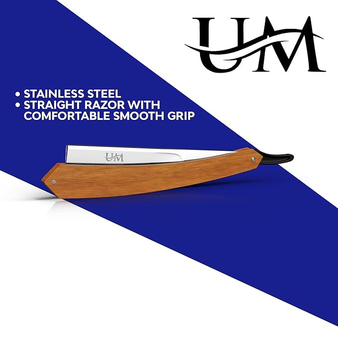 UM Supplies Straight Edge Razor with 100 Replaceable Single Edge Blades kit | Men's Straight Shaving Razors | Navajas para Barbero (Wooden Straight)