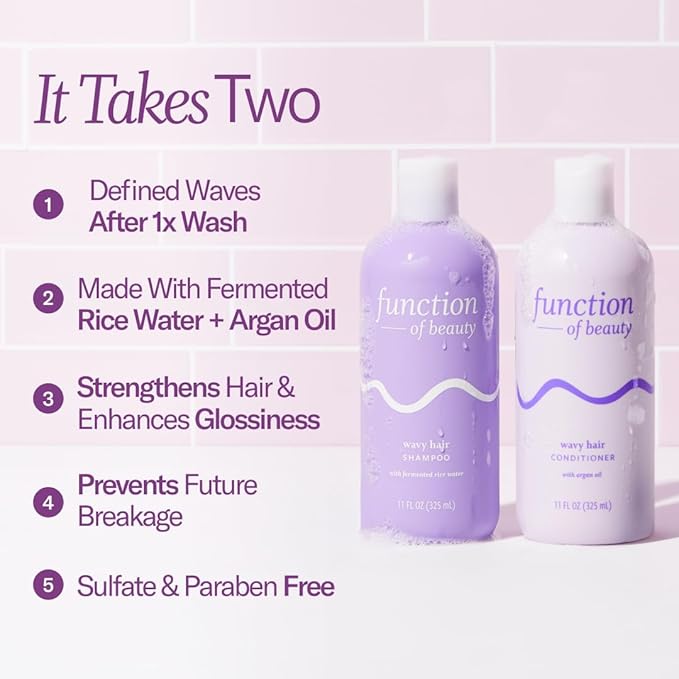 Function of Beauty Wavy Hair Shampoo & Conditioner Set, 22 oz Each - With Fermented Rice Water to Strengthen & Argan Oil to Enhance Glossiness & Natural Shine, Sulfate-Free, Customizable Haircare