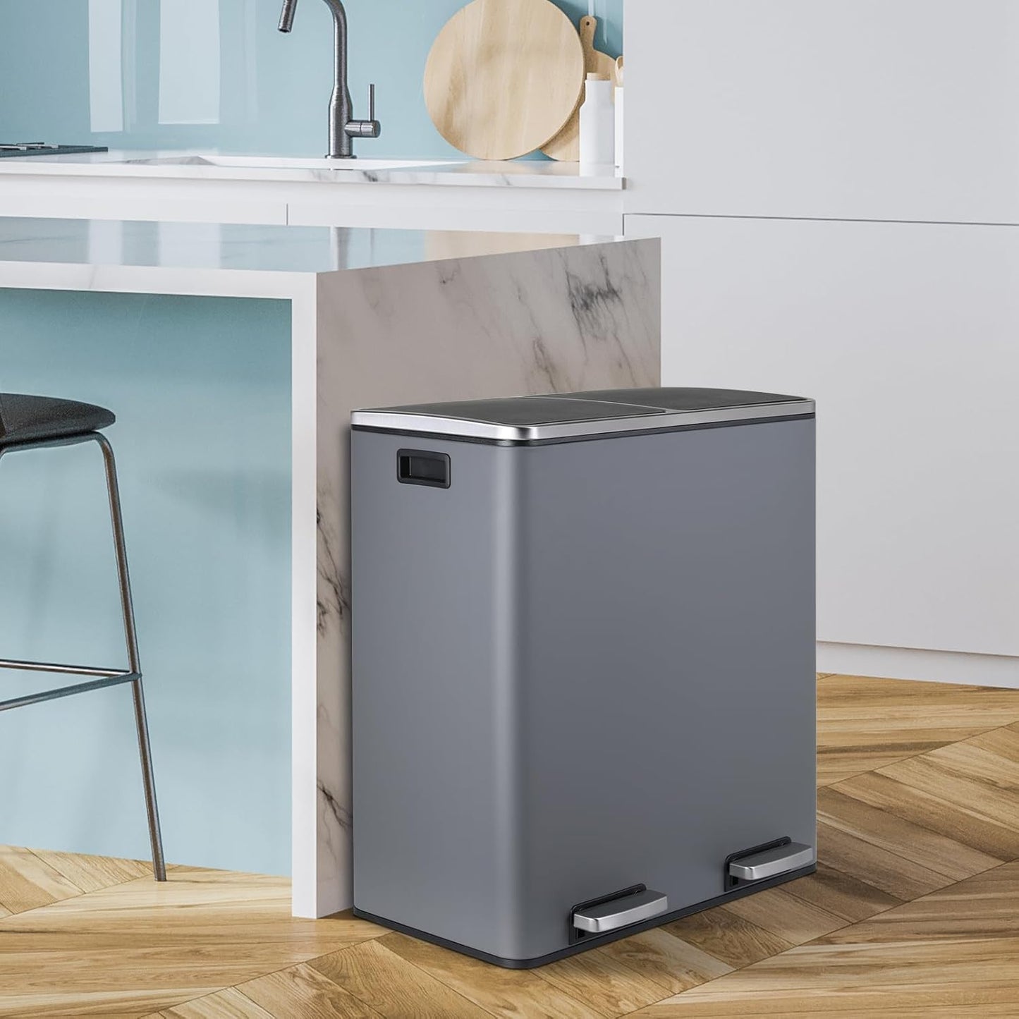 16 Gallon Rectangular Stainless Steel Trash Can, Dual Compartment Garbage Bin with Recycling Combo, Metal Dustbin Lid, Removable Liner, Indoor Hands Free Waste Bucket for Kitchen Home