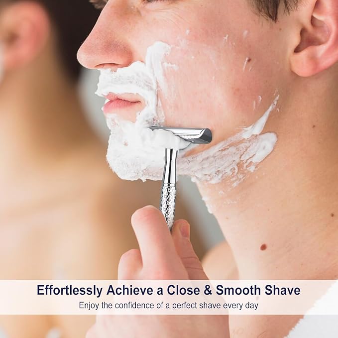 Bright Silver Safety Razor - Single Blade Razors for Men - Reusable Metal Razor, with 5 Stainless Steel Double Edge Blades, Smooth Close Shave, Sustainable, Plastic Free