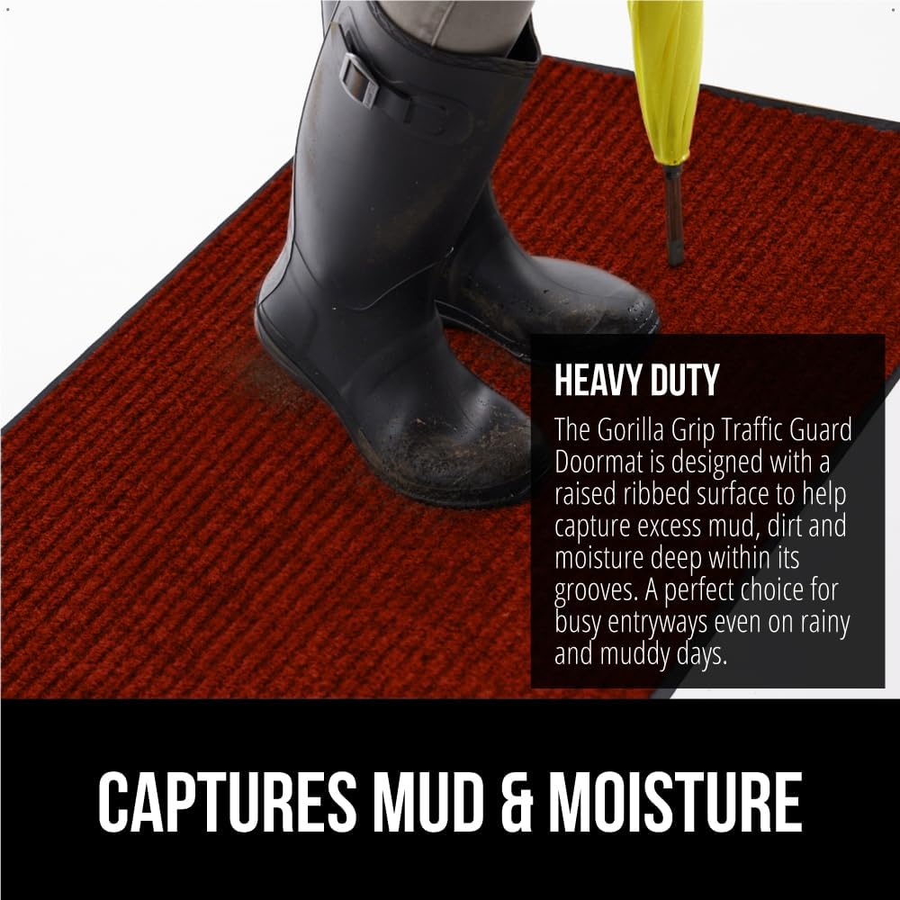 GORILLA GRIP Traffic Guard Door Mat, 2 Pack, Heavy Duty Waterproof Doormat, Commercial Office Space Welcome Mats, Stain and Fade Resistant, Low Profile, Strong Rubber Backing, 29x17, Red