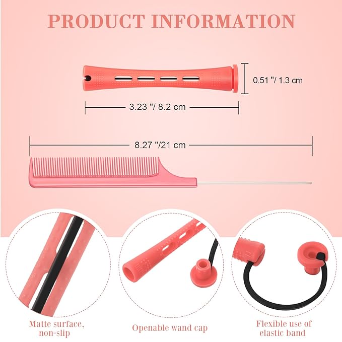 24 Pieces Hair Perm Rods Plastic Cold Wave Perming Curlers Hair Rollers with Steel Pintail Comb Rat Tail Comb Tools for Hairdressing Styling(Pink,0.51 Inches)