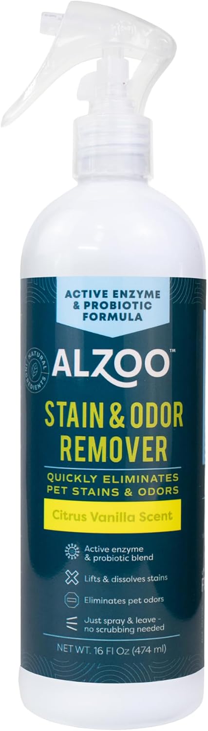 ALZOO Stain & Odor Remover, Quickly Lifts & Dissolves Pet Stains & Helps Eliminate Odors, 100% Plant-Based Active Ingredients, Citrus Vanilla Scent, 16 Fl. Oz Spray Bottle