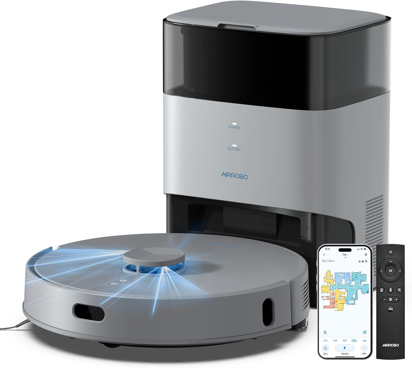 AIRROBO T25+ Robot Vacuum and Mop Combo, 5500Pa Suction, Pet Area Smart Boost, Carpet Detection, Tangle-Free Brush, LDS Mapping, APP Control, 3.5L Self-Empty Bin for Hard Floors, Carpets, Pet Hair