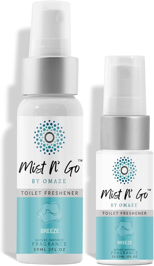 Mist N' Go by Omaze Travel Odor Eliminator - Toilet Spray for Bathroom Air Freshener - Daily Pack (2oz x1 + 1oz x1)