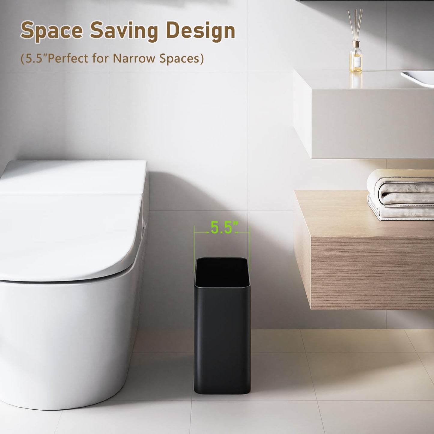 Small Bathroom Trash Can 2.4 Gallon Wastebasket, Slim Metal Garbage Can Matte Black Stainless Steel Trash Bin for Bedroom,Office,Kitchen,Toilet, rv, Near Desk, Under Sink