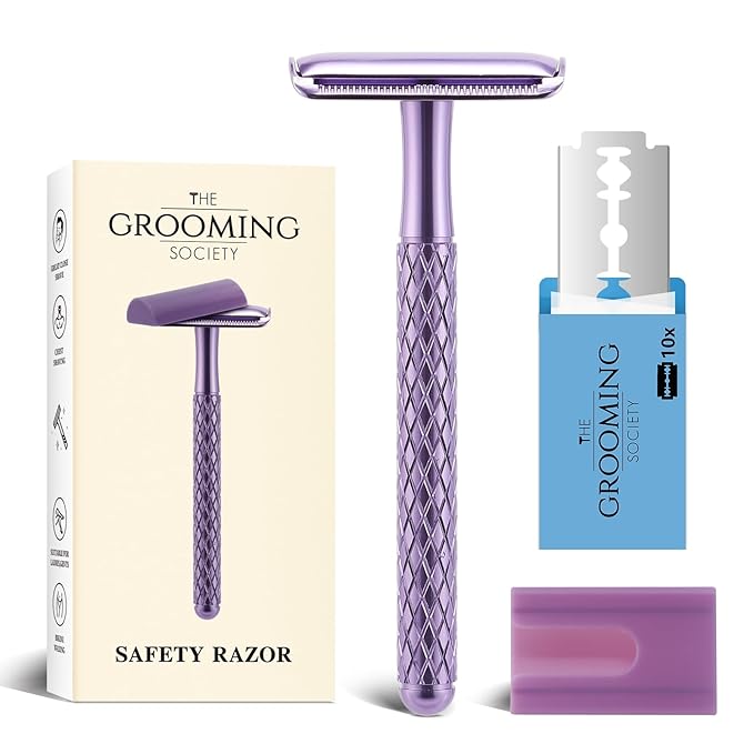 Double Edge Safety Razor for Women Purple with 10 Blades and Silicone Cover - Durable Metal Eco-Friendly Single Blade Razor - Closed Smooth Shave