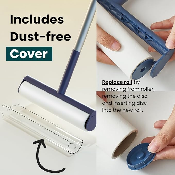 Large Lint Roller with Extra Sticky Roller and 420 Sheets 9.5" Wide, Floor Lint Roller Long Handle, Extendable to 41", Carpet, Couch, Pet Hair, Clothing Cleaning Supplies (White Roller + 7 Refills)