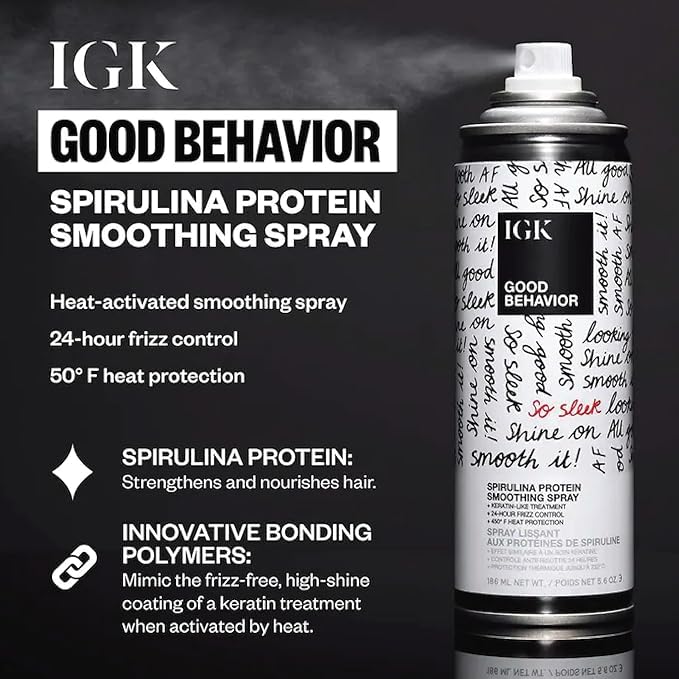 IGK Hair Treatment Full Size Set | Antisocial Dry Hair Mask + Good Behavior Spirulina Spray | Overnight Bond-Building + Keratin Like Smoothing Spray | Set of 2 - New and Improved Scent