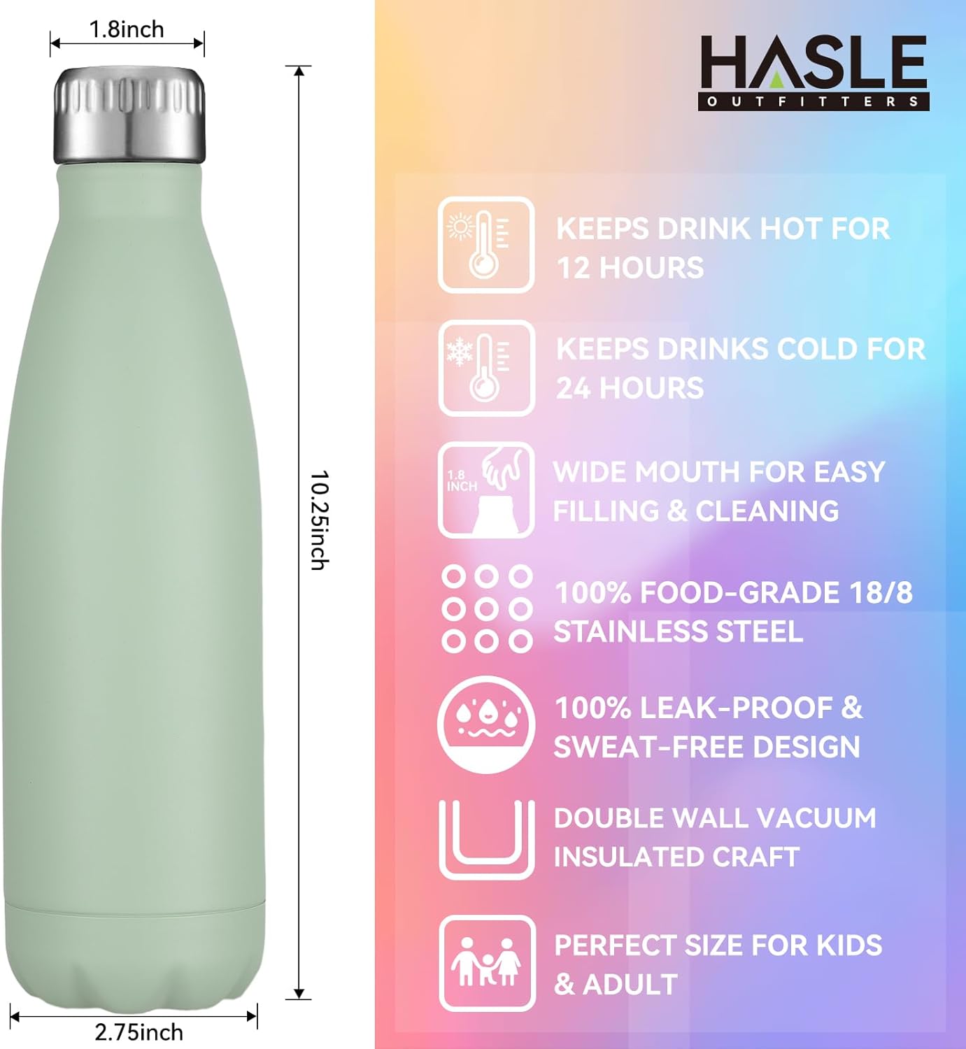 HASLE OUTFITTERS 17oz Stainless Steel Water Bottles Bulk, Vacuum Insulated Water Bottles Double Walled Powder Coated Reusable Metal Sports Water Bottles Keep Drinks Hot and Cold, Light Green, 4Packs