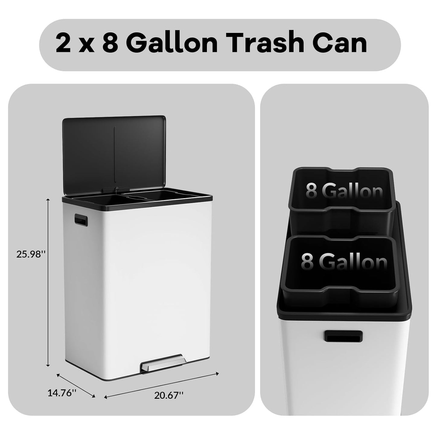 GarveeHome Step Dual Trash Can, 60L/16 Gallon Recycle Bins with Lid, 2 Removable Wastebusket, Step Pedal, Large Stainless Steel Double Trash Bin for Kitchen, Bathroom