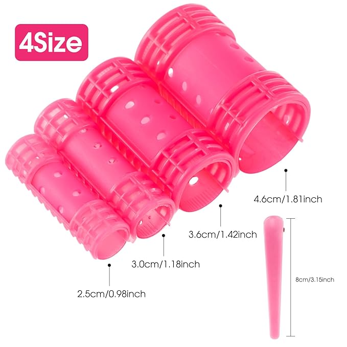 WILLBOND 65 Pieces Rollers Plastic Rollers Hair Curlers Set 4 Sizes for Long Medium Short Hair, Duck Clips Hairnet Hairdressing Styling Tool(Pink)