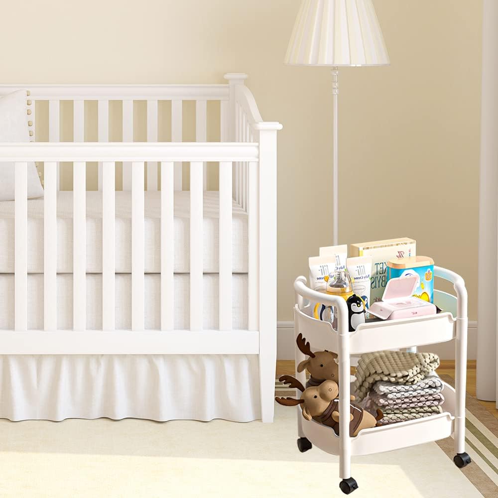 2-Tier Plastic Rolling Utility Cart with Handle Tower Rack Snack Cart with Wheels Multi-Functional Storage Trolley for Kitchen Bathroom Laundry Home Office Living Room Organization, White