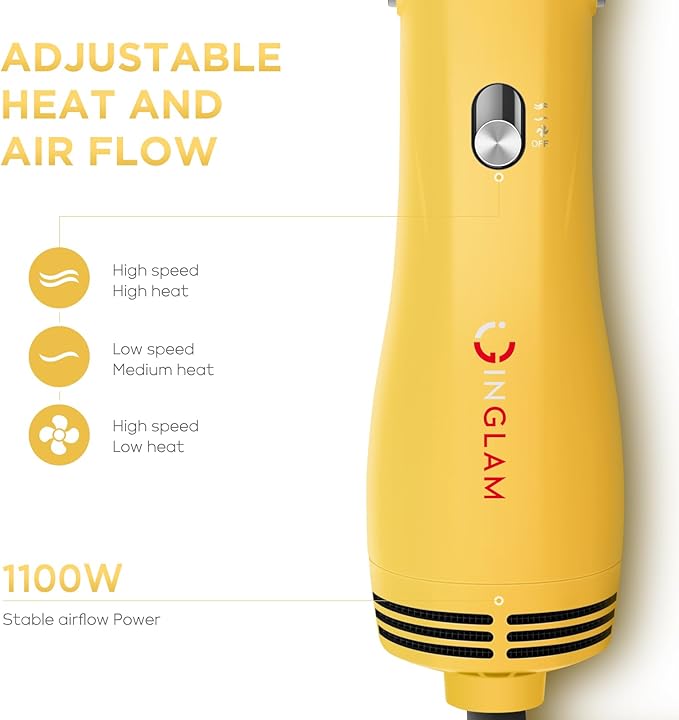 IG INGLAM Hair Dryer Brush, 4-in-1 Detachable Blow Dryer Brush, Ionic Diffuser Hair Dryer & Styler Volumizer with Oval Titanium Barrel, One-Step Hot Air Blowout Styler, Yellow