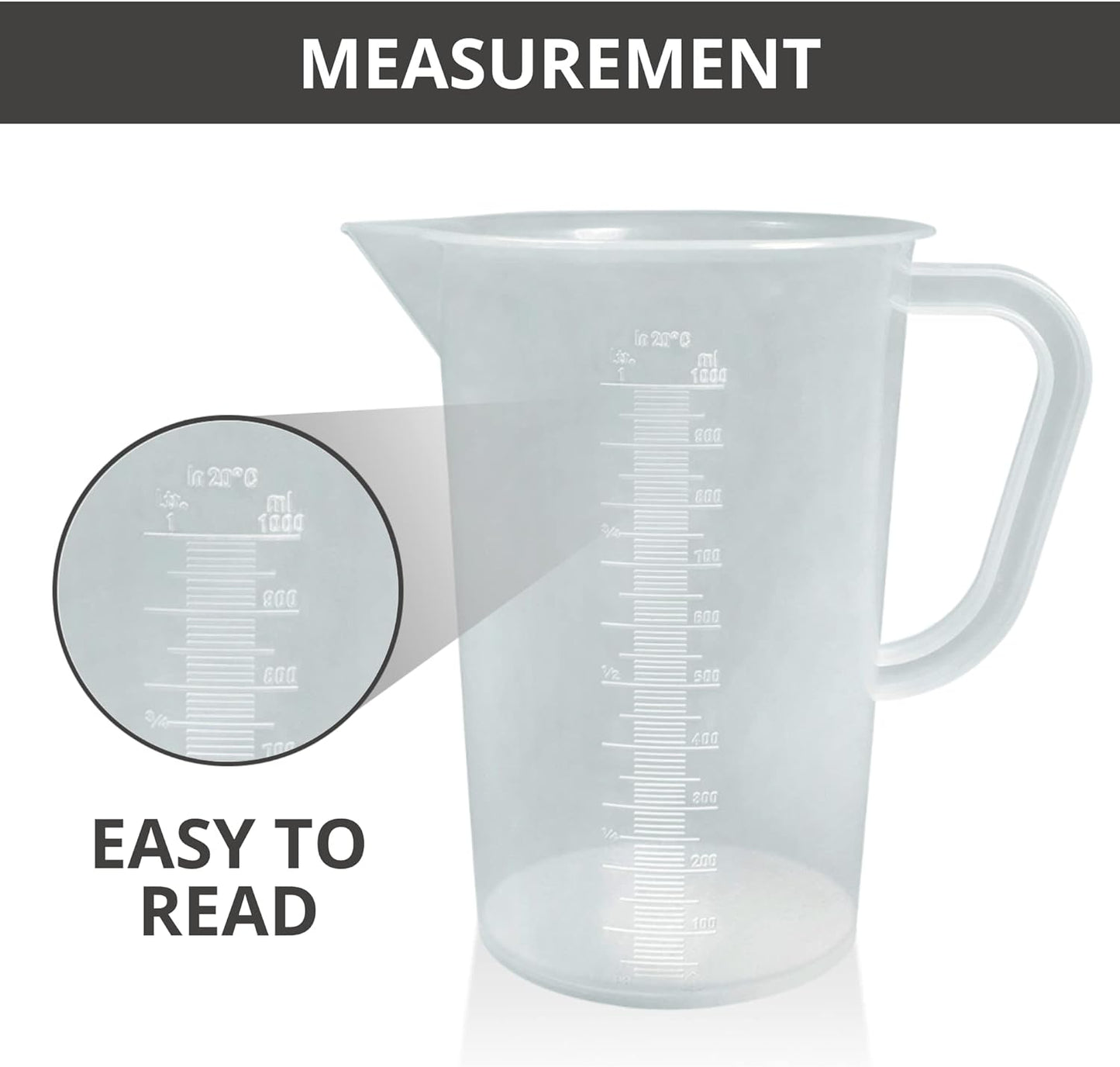 Plastic Graduated Measuring and Mixing Pitcher - 1000ml Plastic Graduated Measuring Pitcher - Large Cylinder Graduated Measuring Container with Handle and Pour Spout - 1 Liter