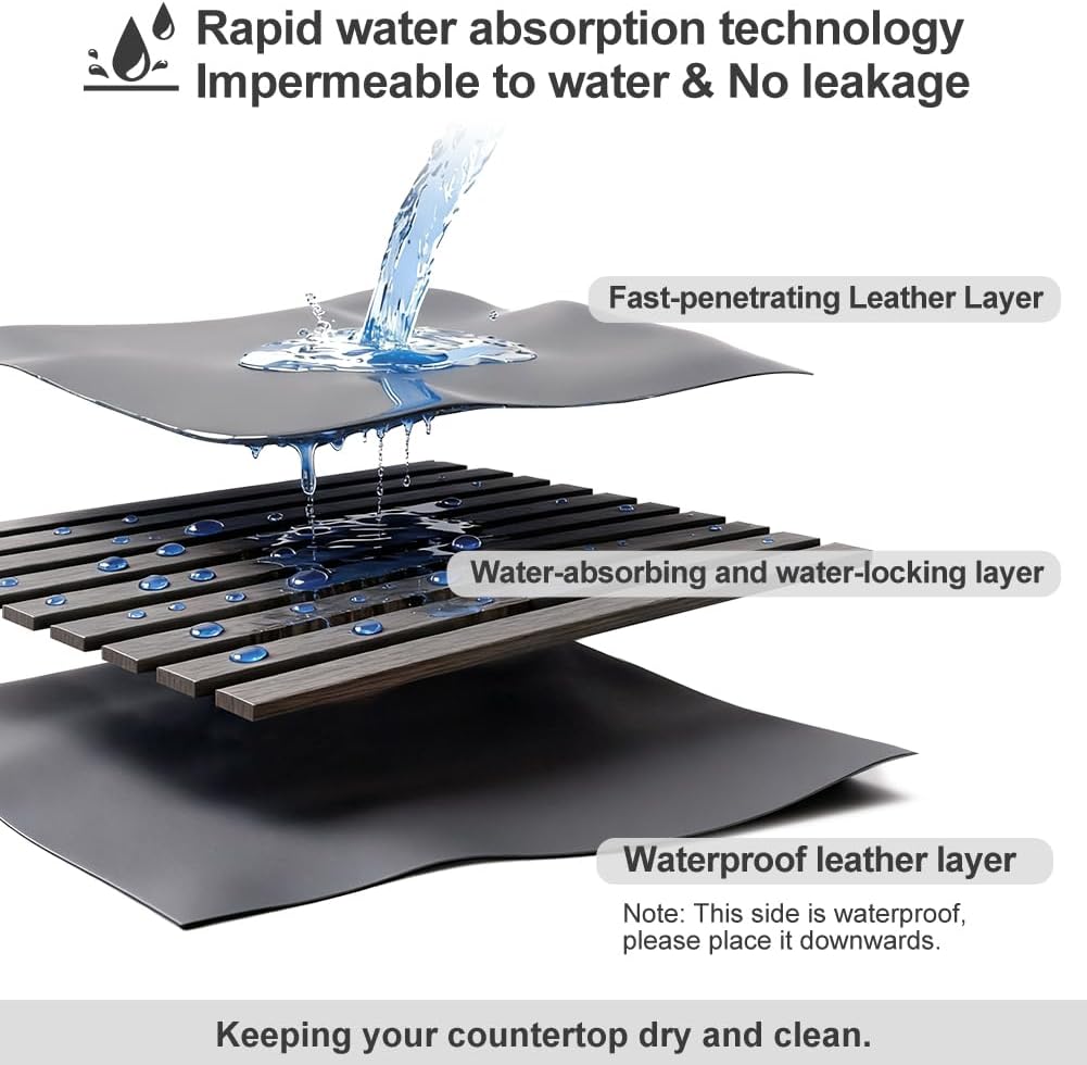 Large Stone Dish Drying Mat for Kitchen Counter, 25.2" × 16.1" Quick Dry Collapsible Diatomaceous Earth Mat with PU Leather, Absorbent Drying Matt for Dishes Cookware Bottles Cups, Waterproof Bottom